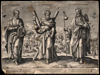 De heilige apostel Petrus, de heilige apostel Andreas en de heilige Jacobus de Meerdere. Gravure.