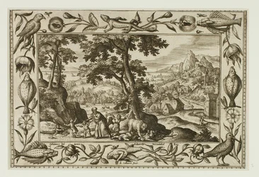 De spottende kinderen vervloekt door Elia en opgegeten door de berin, uit Landschappen met scènes uit het Oude en Nieuwe Testament en Jachtscènes