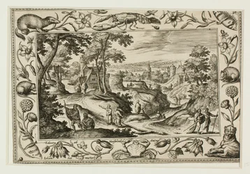 Het uitzenden van de apostelen, van landschappen met oud- en nieuwtestamentische taferelen en jachtscènes