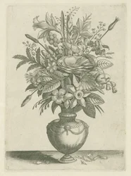 Vaas met bloemen, waaronder trompetnarcissen