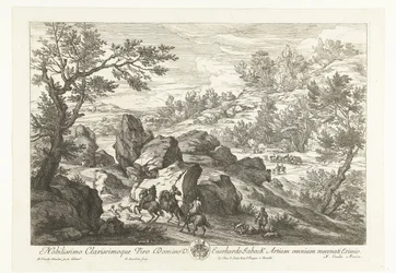 Landschap met ruiters bij rotspartij