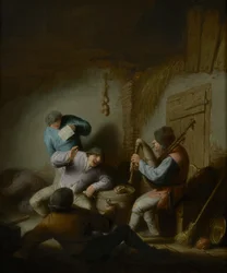 Schuurinterieur met boeren die muziek maken