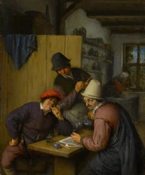 Drie drinkende en rokende boeren in een taverne