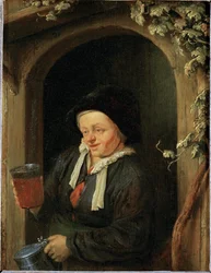 Vrouw bij een raam met kruik en bierglas (schilderij op eikenhout)
