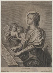 De heilige Cecilia bespeelt het orgel met links twee putti, ca. 1654-77.