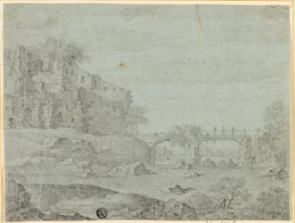 Ruïnes met uitzicht op rivier en brug
