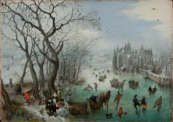 Winterlandschap met schaatsers bij een kasteel, 1615