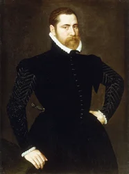 Portret van een heer, driekwart ten voeten uit, in zwart kostuum met witte molensteenkraag, 1564