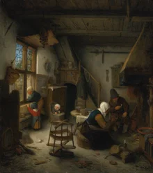 Een boerengezin in een huisje na een maaltijd