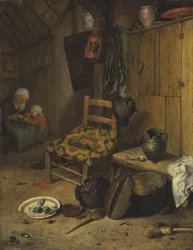 Een keukeninterieur met een moeder en kind
het wapen van de familie Van Doerne op het geweven kussen