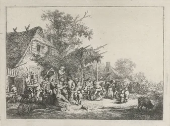 Dansende boeren voor een herberg