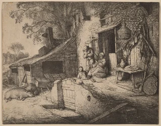 Boerderij met een boerenfamilie voor de voordeur, de vrouw spint