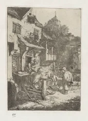 Gebochelde vioolspeler voor een herberg