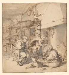 Boerenfamilie bij een haard