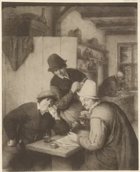 Drie boeren en een vrouw aan tafel