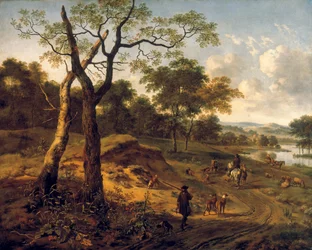 Bosrijk avondlandschap met een jager en honden