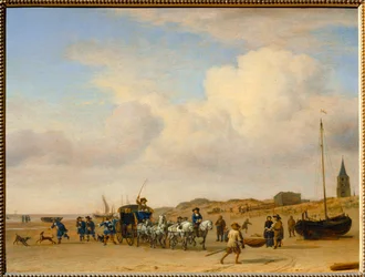 Edele bemanning loopt op het strand van Scheveningen. 1660 ...
