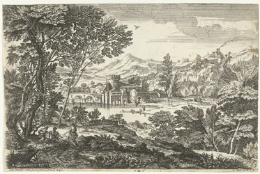 Landschap met drie personen onder een boom