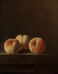 Drie perziken op een stenen sokkel, 1705