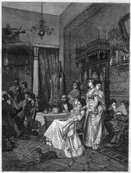 Amateurconcert in een kunstenaarsatelier. Gravure naar het schilderij van Adrien Moreau in 