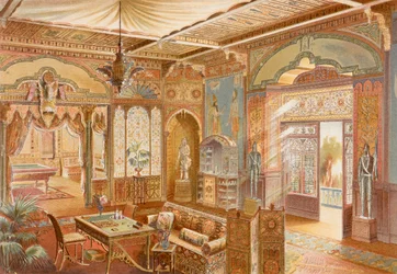 Spelkamer in Assyrische stijl, illustratie uit 