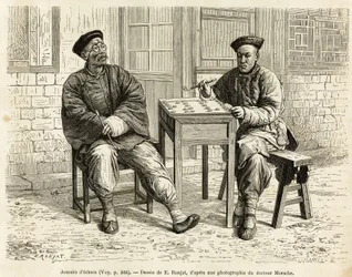 Schaakspelers. Gravure naar de tekening van A. Marie, ter illustratie van de reis naar Peking en Noord-China, door T. Choutze, in 1873, gepubliceerd in 