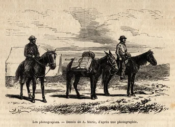 Fotografen van de Amerikaanse geologische missie te paard, zorgvuldig verpakt materiaal gereed voor een nieuwe etappe, gravure naar de tekening van A. Marie, ter illustratie van een reeks geografische missies door het Nationaal Park van de Verenigde