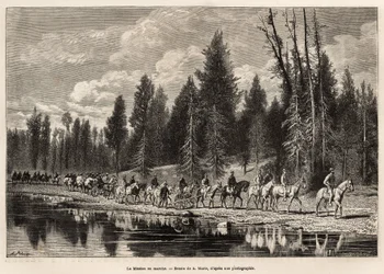 De volledige geografische missie onderweg naar Mount Hayden langs de Henri-rivier, gegraveerd naar een tekening van A. Marie, ter illustratie van een reeks geografische missies door het Nationaal Park van de Verenigde Staten van 1870 tot 1872 door de