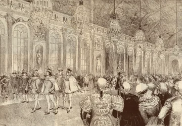 De processie van de ridders van de Orde van de Heilige Geest in de ijsgalerij van het kasteel van Versailles op Pinksterdag in 1789