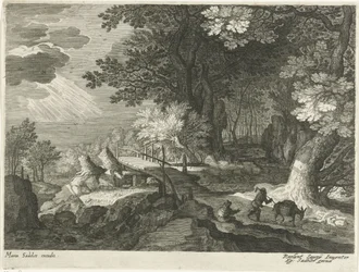 Houten brug in een boslandschap Landschappen uit Tirol (serie titel)