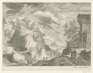 Rotslandschap met herberg en huizen