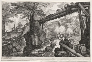 Acht Boheemse landschappen: Landschap met boomstambrug over waterval, ca. 1610-1615