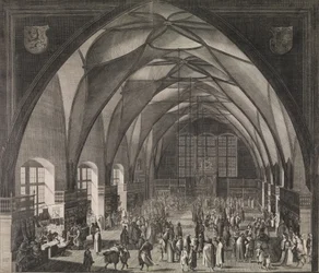 Interieur van Vladislav Hall in Praagse Burcht tijdens de Jaarlijkse Beurs, 1607