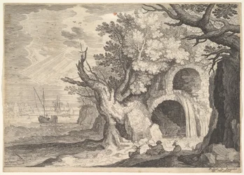 Vernield aquaduct met water dat naar een stroom beneden stroomt, schepen op zee daarachter...