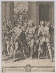 De geseling van Christus, met geselaars aan beide zijden en figuren die vanaf een balkon toekijken, 1593