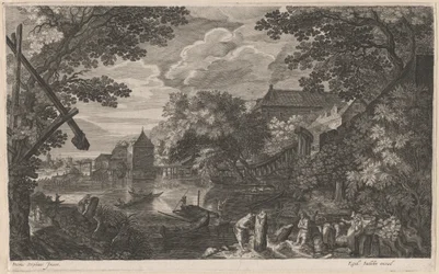 Rivierlandschap met Vissers bij een Versterkte Stad
