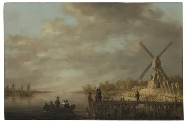 Een rivierlandschap met een windmolen en heren in een roeiboot en op een steiger op de voorgrond