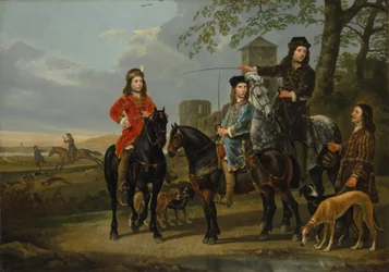 Ruiterportret van Cornelis en Michiel Pompe van Meerdervoort met hun Leraar en Koetsier, Vertrekkend voor de Jacht, c.1652-53