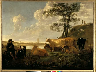 Landschap bij Rhenen: grazende koeien en herder die fluit speelt schilderij door Albert Cuyp