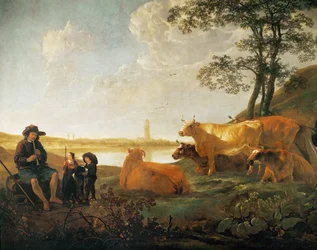 Landschap met herders en kudde, bij Rhenen, Nederland ...