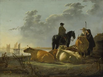Boeren en vee bij de rivier de Merwede