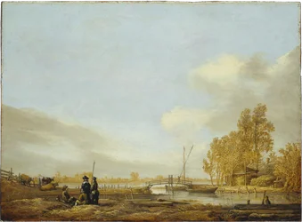 Rivierlandschap met voetbrug