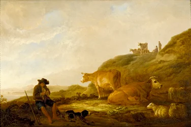 Zittende Herder met Koeien en Schapen in een Weide
