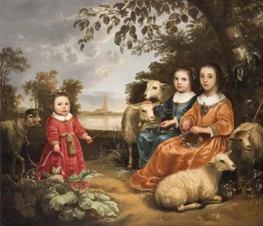 Drie meisjes met schapen in een landschap