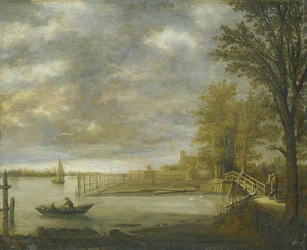 Gezicht op Dordrecht vanuit het zuiden, op de voorgrond de houthandelaren