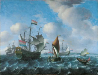 Een oorlogsschip, mogelijk Het Wapen van Utrecht, een wijdschip en een spiegelsloep in een stevige bries, 1671