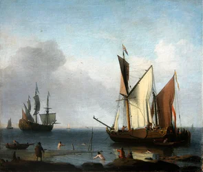 Een marineschilderij: Nederlandse schepen voor een strand afgemeerd