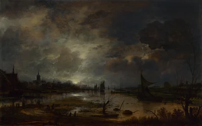 Een Rivier bij een Stad, bij Maanlicht