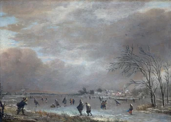 Winterlandschap met Schaatsers op een Bevroren Rivier