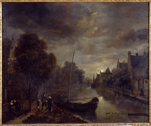 Een Kanaal in een Nederlandse Stad bij Maanlicht